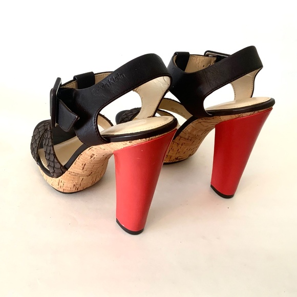 Calvin Klein Bea Platform Stiletto Heel Sandal Brow Red Leather T-Strap Pump 7.5 - Picture 8 of 16